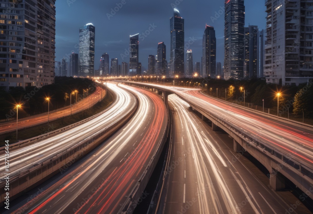 Light flow of traffic on a evening highway in a city with modern high buildings Light flow of traffic on a evening highway in a city with modern high buildings