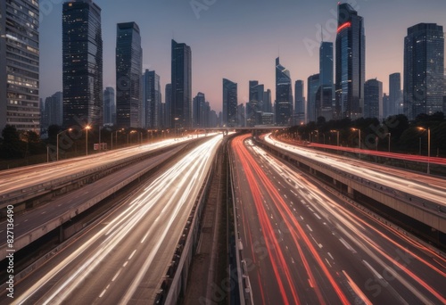 Light flow of traffic on a evening highway in a city with modern high buildings