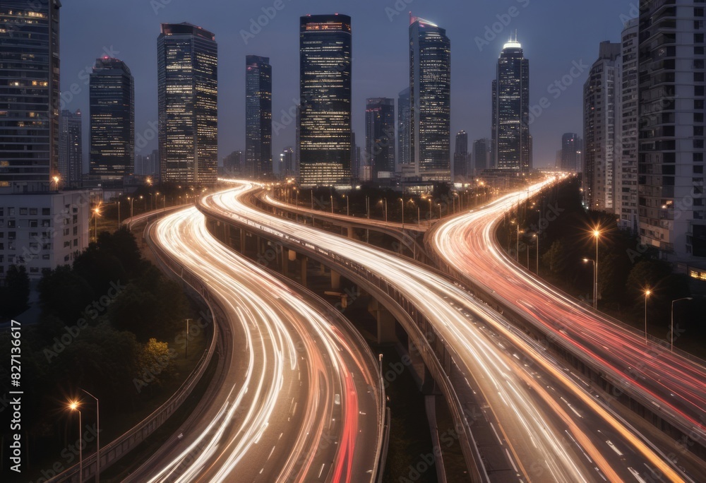 Light flow of traffic on a evening highway in a city with modern high buildings Light flow of traffic on a evening highway in a city with modern high buildings