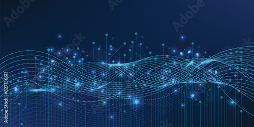 Abstract wave with moving dots and lines. Flow of particles. Cyber technology illustration. 3d rendering
