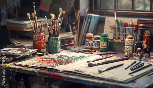 A painting table with many different colors of paint and brushes