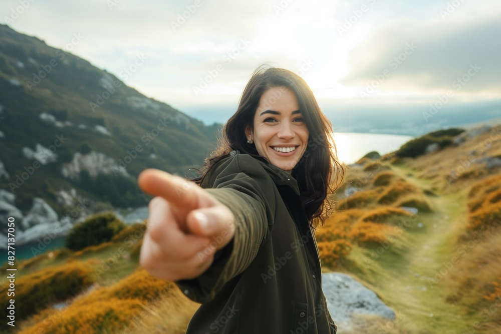 A woman pointing at the camera while standing on a hill. AI. A woman pointing at the camera while standing on a hill. AI.