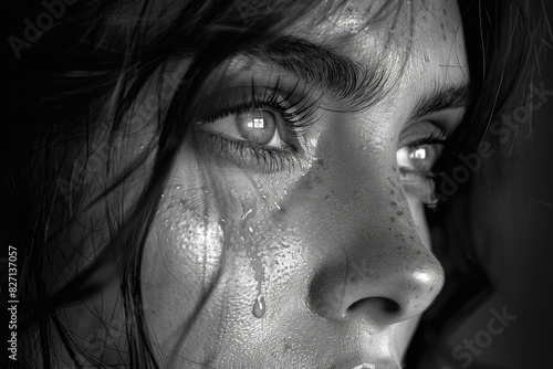 A black and white photograph of an attractive woman with tears in her eyes. Created with Ai