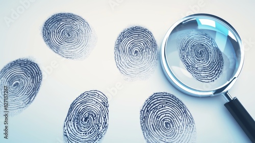 A magnifying glass is next to a set of fingerprint prints. AI.