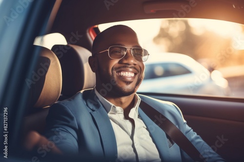 Happy African American businessman going on a trip by car. Happy black businessman enjoying while driving a car