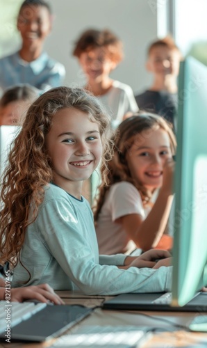 A group of a bunch of kids sitting at computers in front of them. AI.