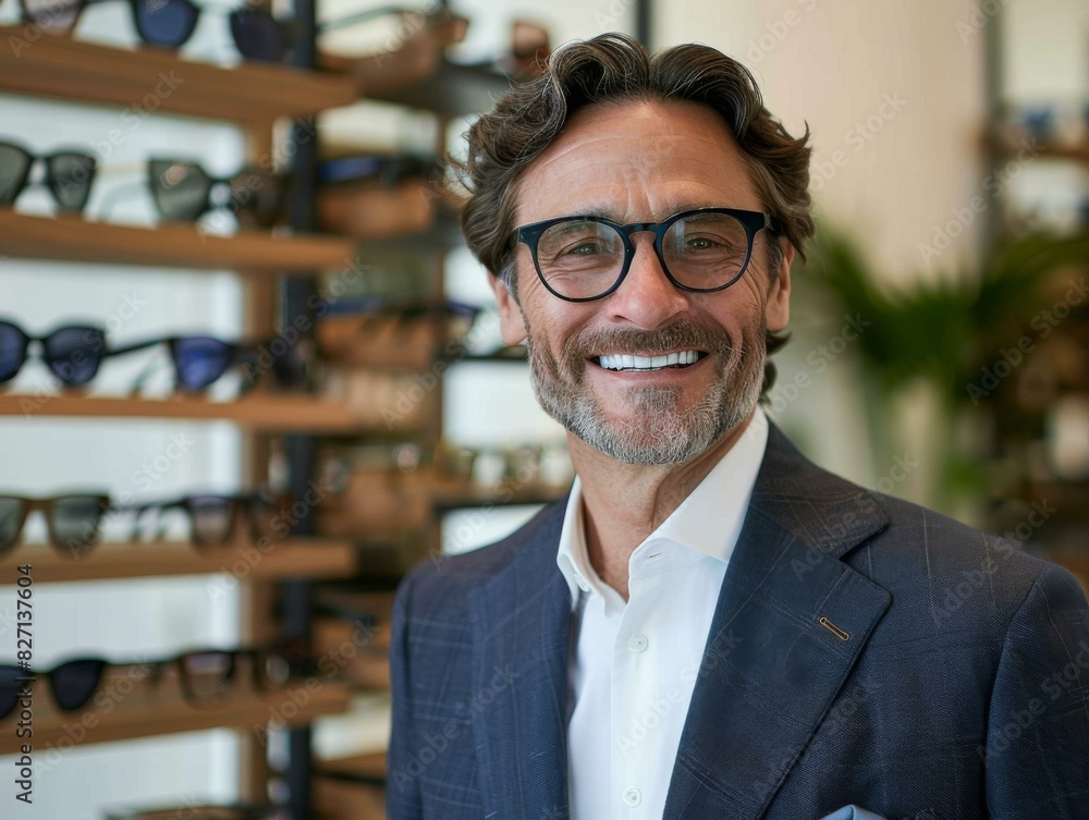 A man in a suit standing next to glasses on display. AI. A man in a suit standing next to glasses on display. AI.