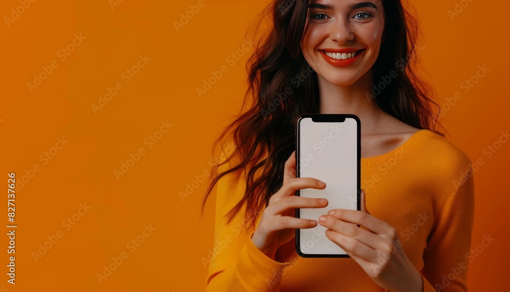 Captivating Ad: Beautiful Woman Showcasing Smartphone with Blank Screen in Orange Studio