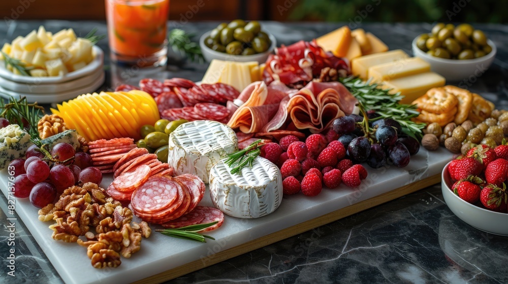 A lavish charcuterie board with assorted cheeses, fruits, and nuts on a marble background with gold accents 