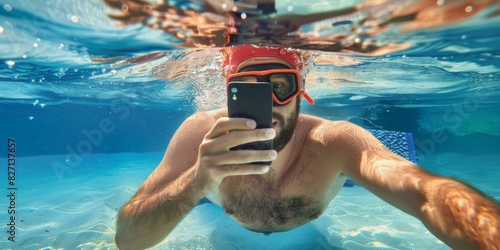 A man in a swimsuit taking pictures of himself underwater. AI.