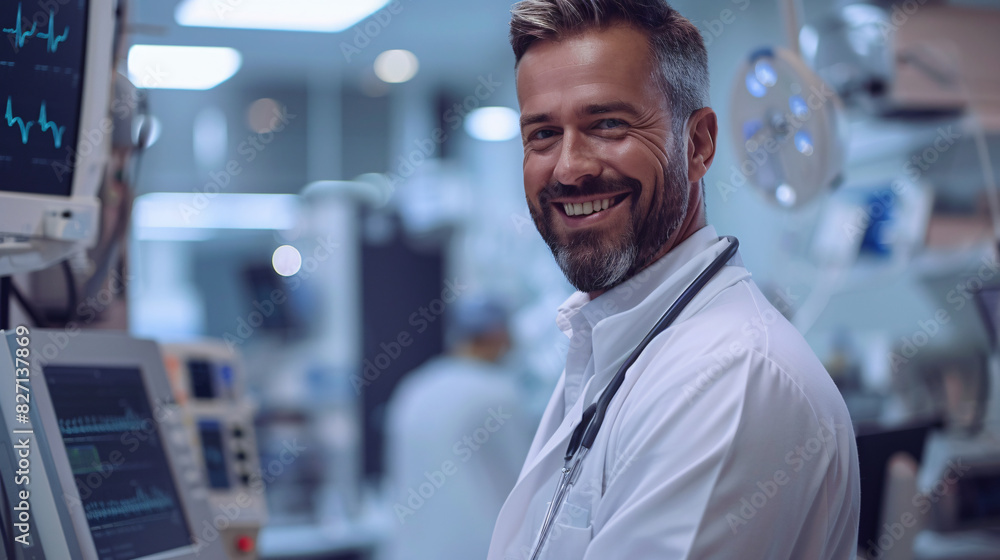 Happy doctor in white coat, using digital technology, smiling, hospital setting Happy doctor in white coat, using digital technology, smiling, hospital setting