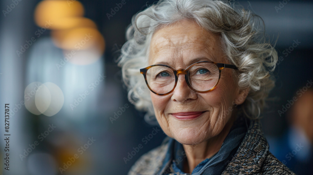 Happy elderly businesswoman in a corporate setting, smiling with confidence Happy elderly businesswoman in a corporate setting, smiling with confidence