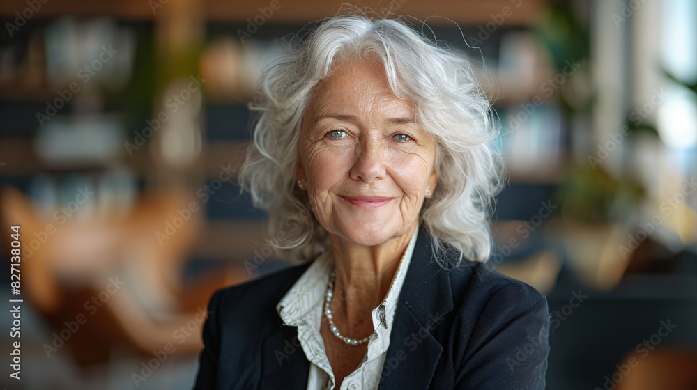 Happy elderly businesswoman in a corporate setting, smiling with confidence Happy elderly businesswoman in a corporate setting, smiling with confidence