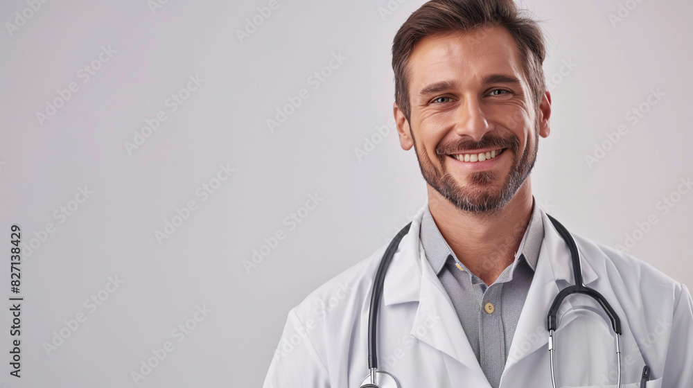 Happy family doctor with stethoscope, using digital technology, white background Happy family doctor with stethoscope, using digital technology, white background