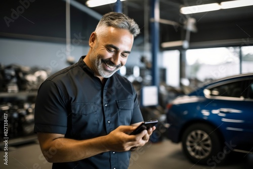 Happy inspector using mobile phone in auto repair shop. Happy mid adult manager reading a text message on cell phone in auto repair shop