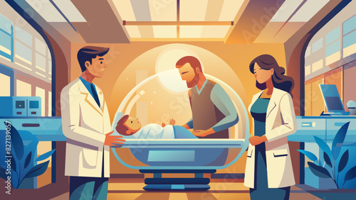 Family Welcoming Newborn Baby with Doctors in Hospital Room. Test tube babies reproduction