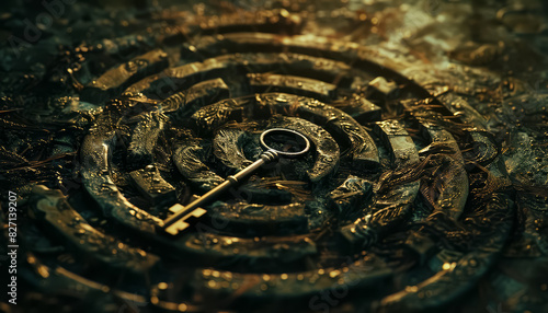 A key is on a stone with a spiral design