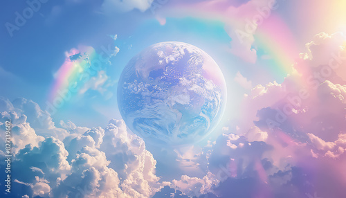 A rainbow is above a globe with clouds in the background