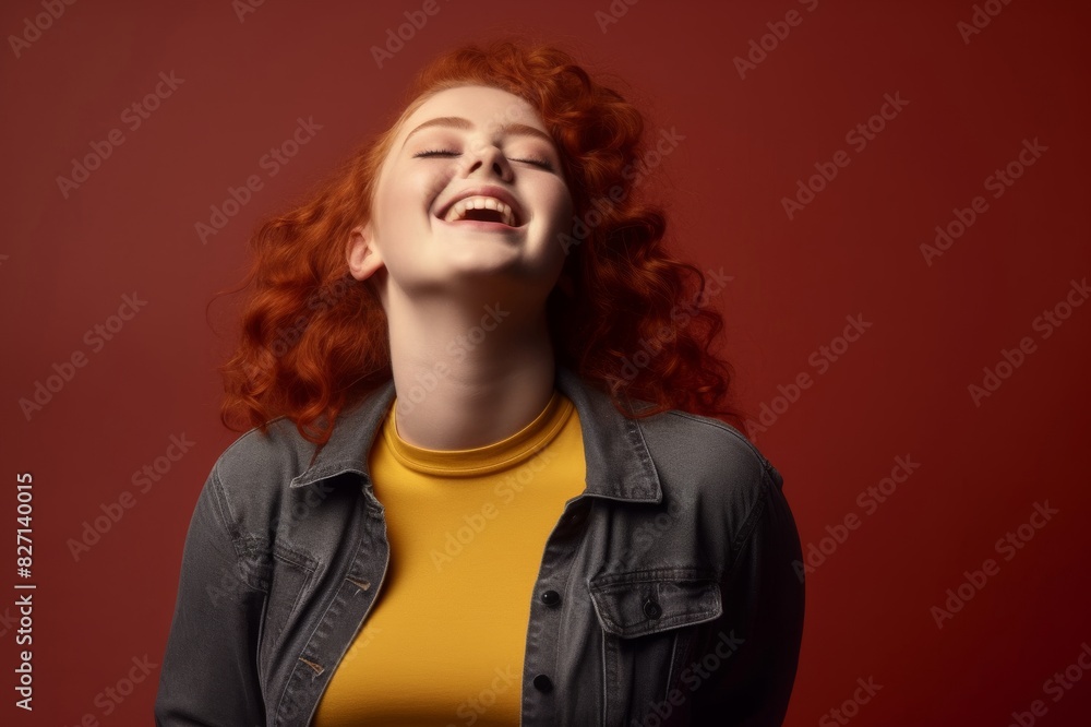 Having a good time! Happy and carefree redhead teenager singing and dancing with her eyes closed. Series representing the different moods of a teenage girl