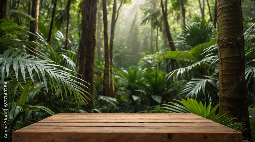 Wooden podium in tropical forest for product presentation and green background. Wooden podium in tropical forest for product presentation and green background.