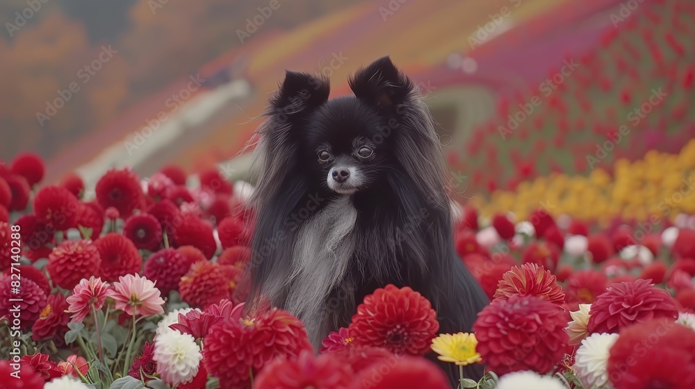 Obraz premium A black-and-white dog stands in a field of red and white flowers Yellow and pink blooms populate the foreground A red, white, and yellow flowered wall lies