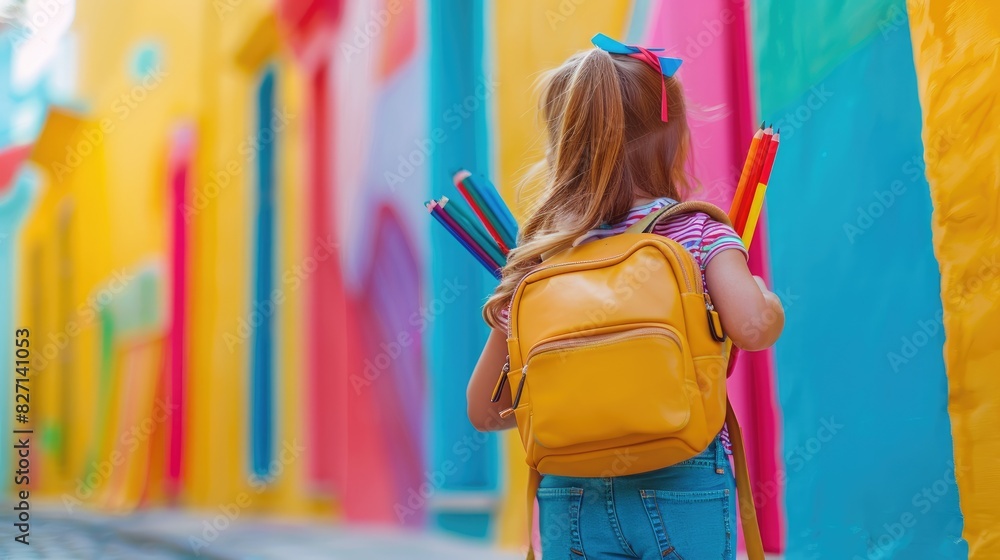 Child with Yellow Backpack in Colorful Alleyway Holding Pencils