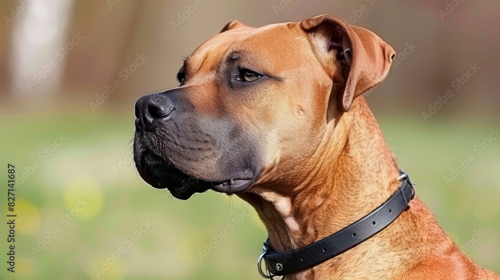 A tight shot of a brown dog wearing a black collar against a backdrop of a verdant green field The foreground subtly blurs, revealing an indistinct layer of grass A tight shot of a brown dog wearing a black collar against a backdrop of a verdant green field The foreground subtly blurs, revealing an indistinct layer of grass