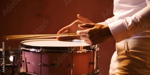 Man playing the snare drum on a beautiful colored background photo