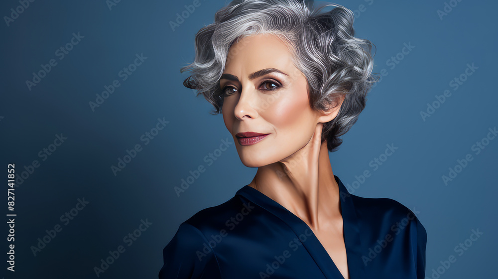 Elegant, smiling elderly, chic latino, Spain woman with gray hair and perfect skin, blue background banner.