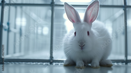 A white defenseless albino rabbit is sitting in a cage. Conducting medical experiments on animals. The rabbit looks at the camera