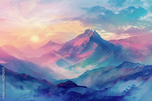 Bring to life the concept of Brainstorming Walks in Nature with a digital painting of a majestic mountain landscape at sunrise, featuring pastel hues and a sense of tranquility © Pornarun
