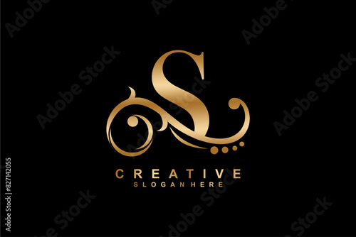 S letter logo with luxury gold floral ornament. S monogram logo, S typography. suitable for business logos, companies, beauty, fashion, boutiques, etc