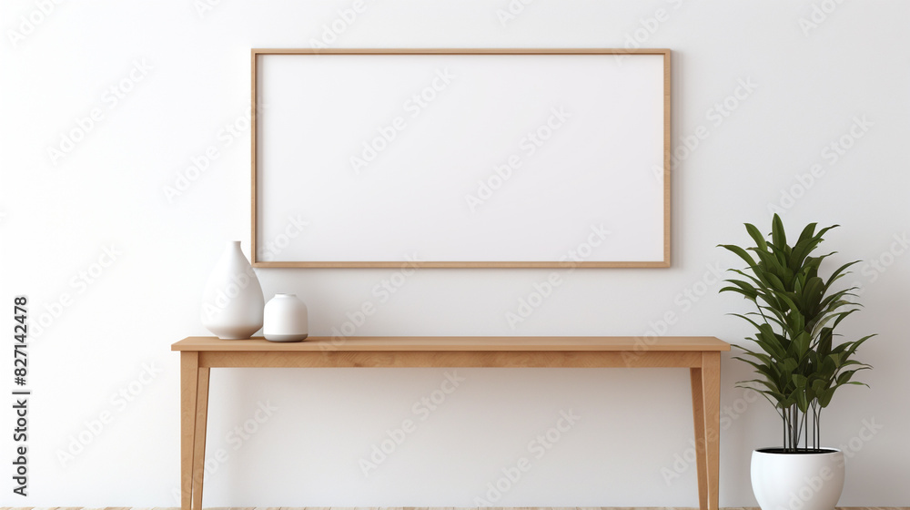 : A blank white frame mockup on a minimalist living room wall above a sleek wooden console table.