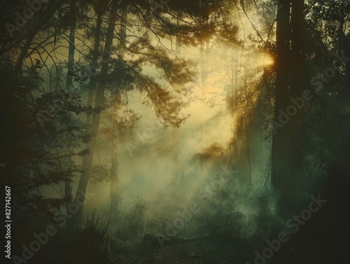 Capture a dreamlike scene with an eye-level angle portraying a mystical forest illuminated by subtle light leaks, evoking a vintage and ethereal ambiance