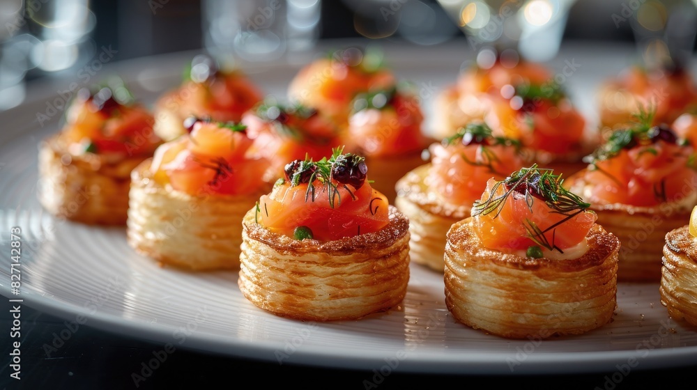 A plate of elegant canapes on a sleek black glass background with soft reflections A plate of elegant canapes on a sleek black glass background with soft reflections
