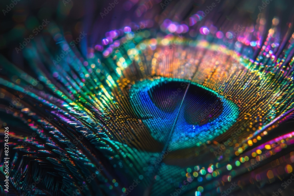 Naklejka premium Capture a mesmerizing close-up shot of a vibrant peacock feather, showcasing its intricate patterns in rich, iridescent hues
