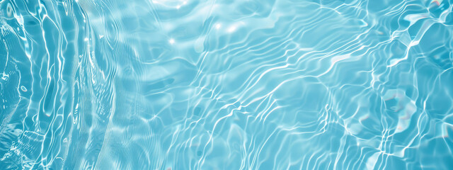 Transparent blue clear water surface texture with ripples, splashes and bubbles. Abstract summer banner background Water waves in sunlight with copy space Cosmetic moisturizer micellar toner emulsion