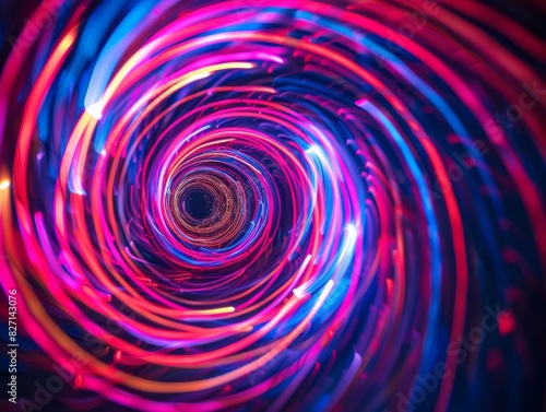 Capture a mesmerizing low-angle view of vibrant light painting, swirling with neon hues against a dark night sky, evoking a sense of cosmic energy and movement