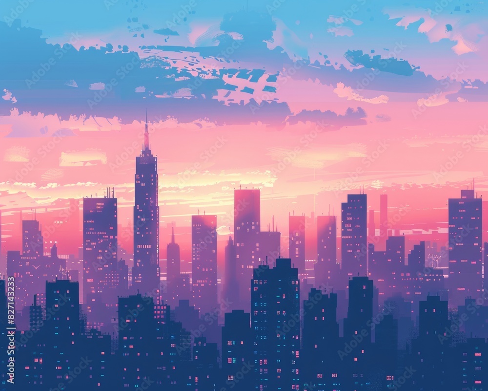 Capture a metropolis at dusk with skyscrapers silhouetted against a pastel-toned sky Enhance the cityscapes bustling energy with warm pinks and serene blues Capture a metropolis at dusk with skyscrapers silhouetted against a pastel-toned sky Enhance the cityscapes bustling energy with warm pinks and serene blues