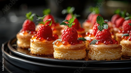 A plate of elegant canapes on a sleek black glass background with soft reflections