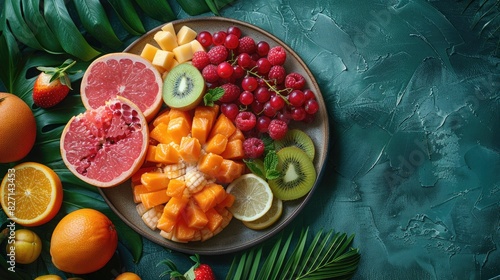 A platter of exotic fruits on a vibrant tropical background with palm leaves