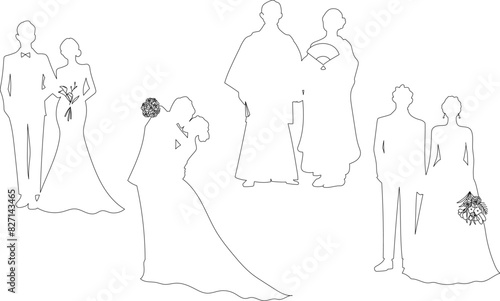 結婚式ペーパーアイテム用 花嫁と花婿のかわいいカップルイラストセット