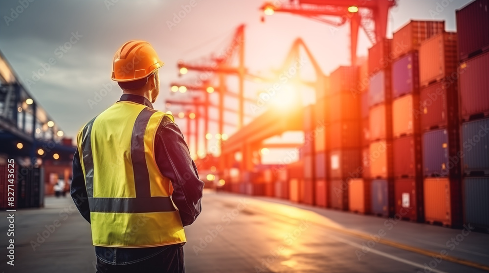 A male worker using a tablet works in a seaport container yard warehouse. Container warehouse inspection. A male worker using a tablet works in a seaport container yard warehouse. Container warehouse inspection.