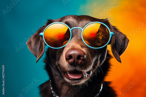 Dog wearing sunglasses. Happy dog with sunglasses. Portrait of smiling dog wearing sunglasses. Happy pet concept © Pakhnyushchyy