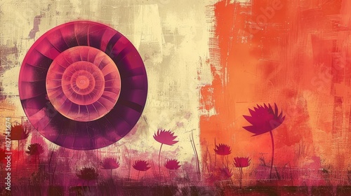  A painting of a spiral shape object  adorned with floral elements in the foreground  surrounded by hues of orange  pink  yellow  and red in the middle ground