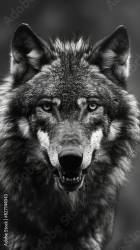 Greyscale Closeup of Angry Wolf with Intense Gaze   Nature Wildlife  Predatory Expression  High-Contrast Lighting  Fierce Look  Ethereal Art Photography  Symbol of Wild Strength and Instinct