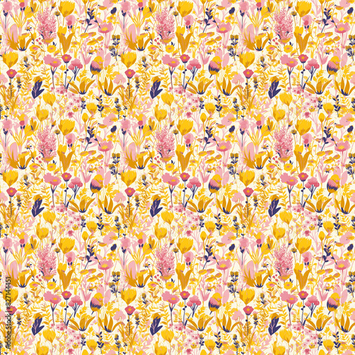 Abstract floral print, in yellow and pink tones, pattern. Illustration for wallpapers, textile, wrapping, poster, web and packaging