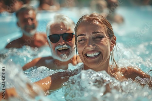 Happy Seniors and Young Woman Enjoying Summer in Swimming Pool with Joyful Laughter and Splashing Water