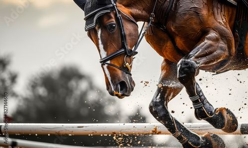 Dynamic Horse Jumping Over Hurdle in Equestrian Show Jumping Event, Action-Packed Scene, Competitive Sport with Focused Rider During Daytime, Close-Up Detail, Dust and Motion in Mid-Air photo