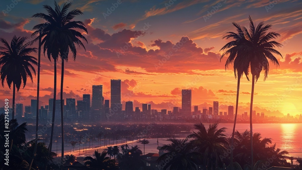 Obraz premium flat illustration of coconut tree with sunset